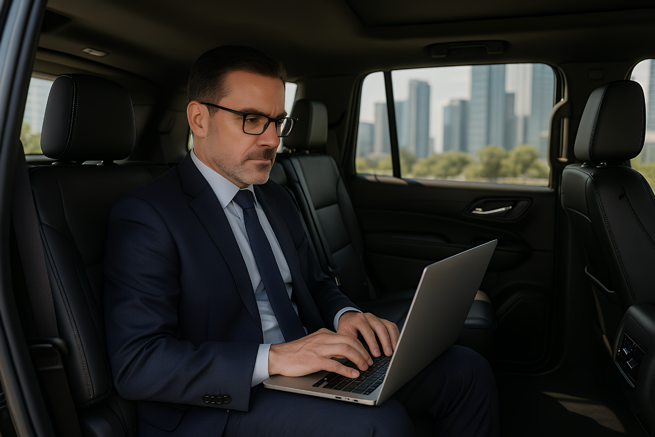 Business executive working inside luxury SUV – EMT corporate transportation Dallas