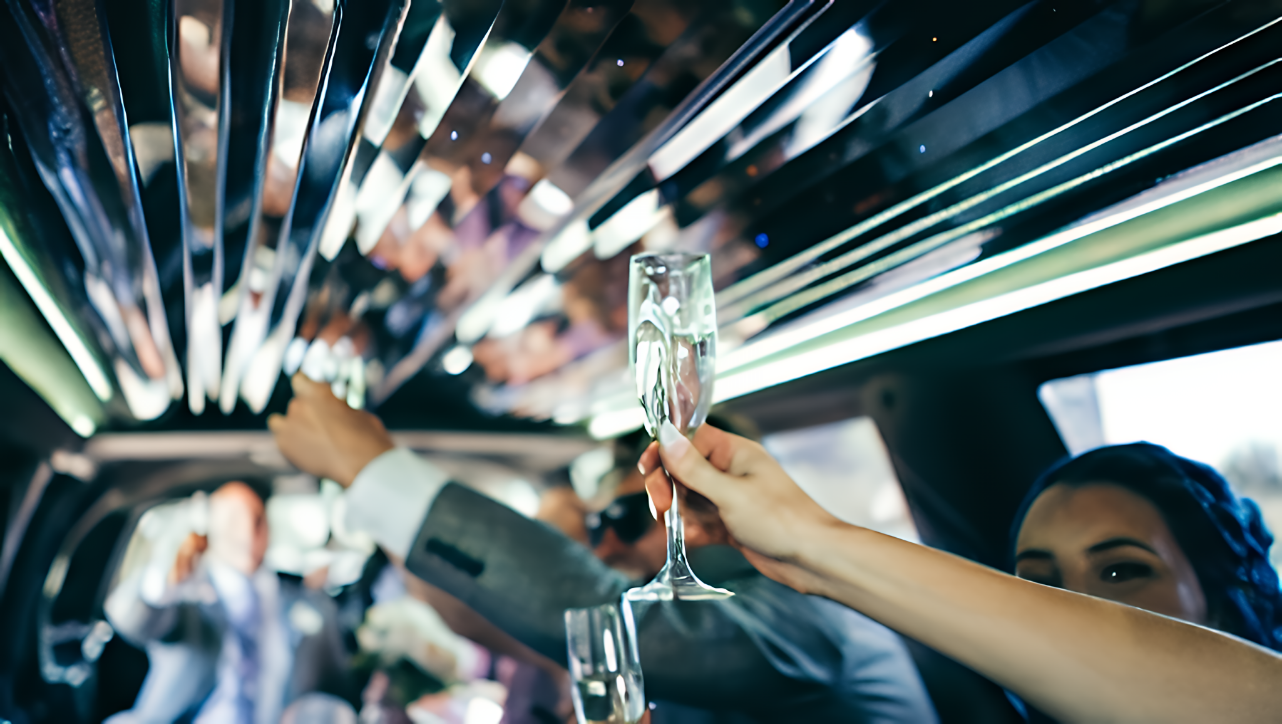 Champagne in limousine – EMT wedding transportation Dallas Fort Worth