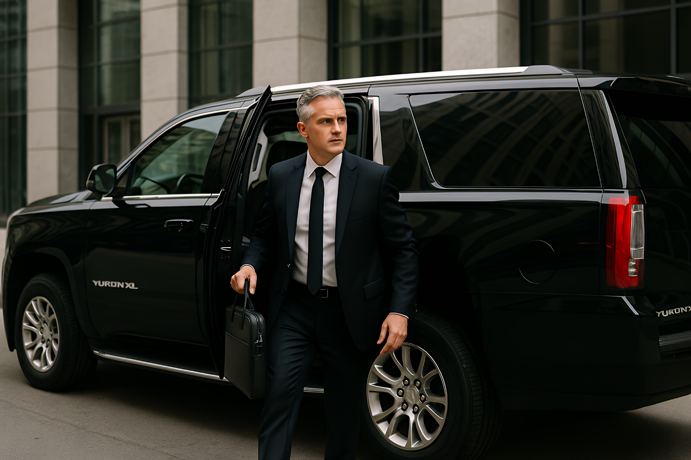 Executive stepping out of a black EMT Limo SUV, chauffeur service in Irving and Las Colinas, TX