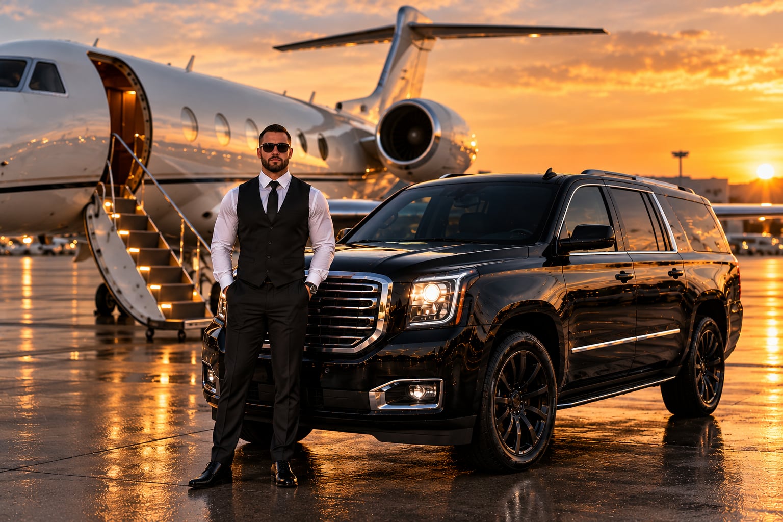 Chauffeur standing beside a black SUV next to a private jet at sunset