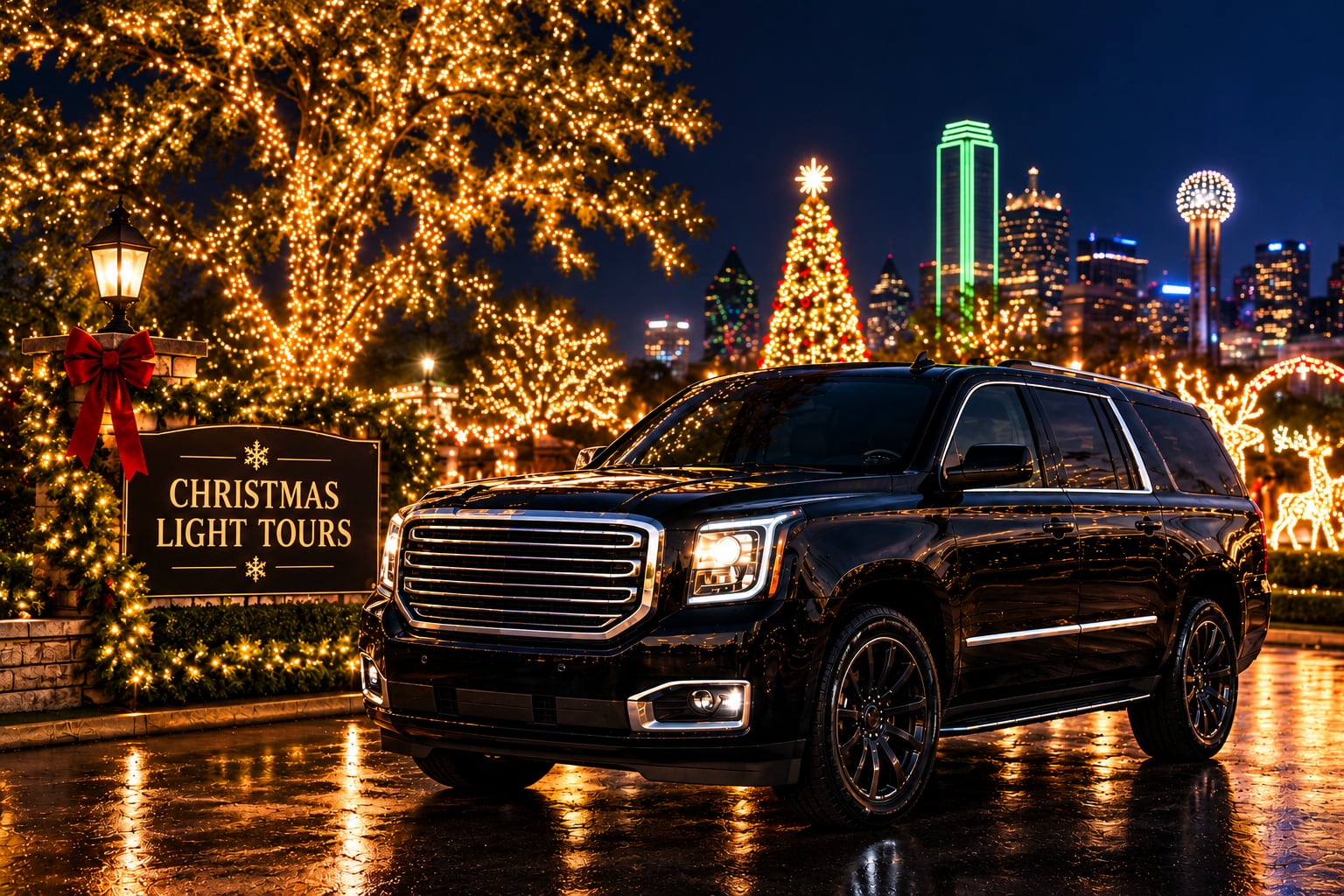 Black SUV among Christmas lights with the Dallas skyline behind, ready for a holiday lights tour