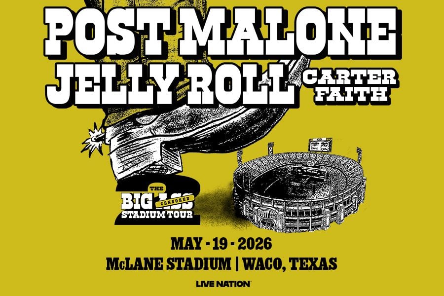 Official concert poster — Post Malone, Jelly Roll, and Carter Faith at McLane Stadium, Waco Texas, May 19 2026, The BIG ASS Stadium Tour