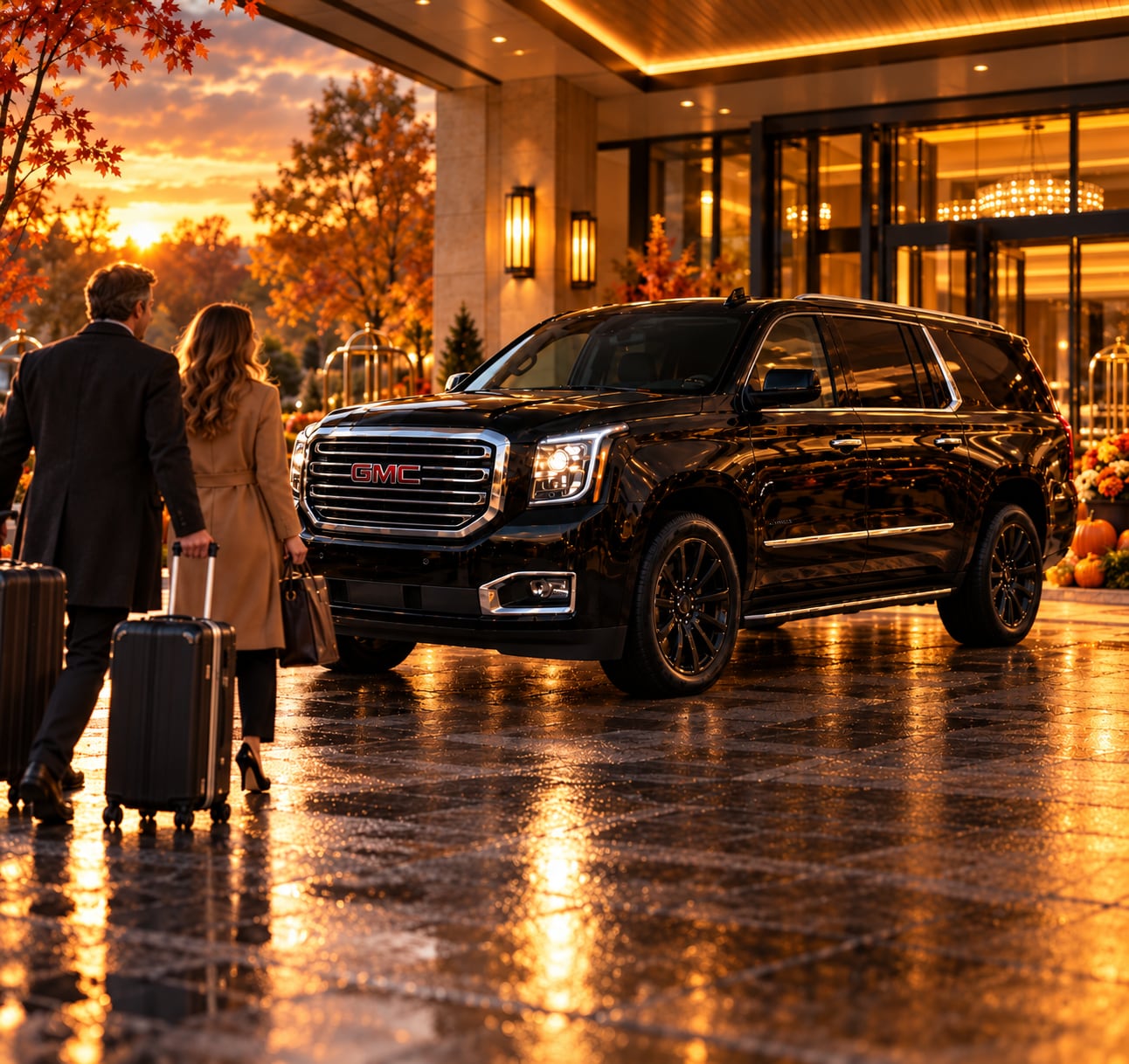 Travelers with luggage walking to a black GMC Yukon at a hotel entrance in the fall