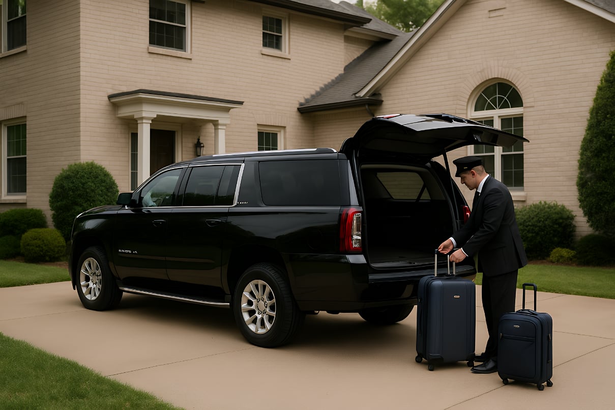 EMT chauffeur loading luggage into a black SUV for a DFW Airport run from Southlake and Colleyville